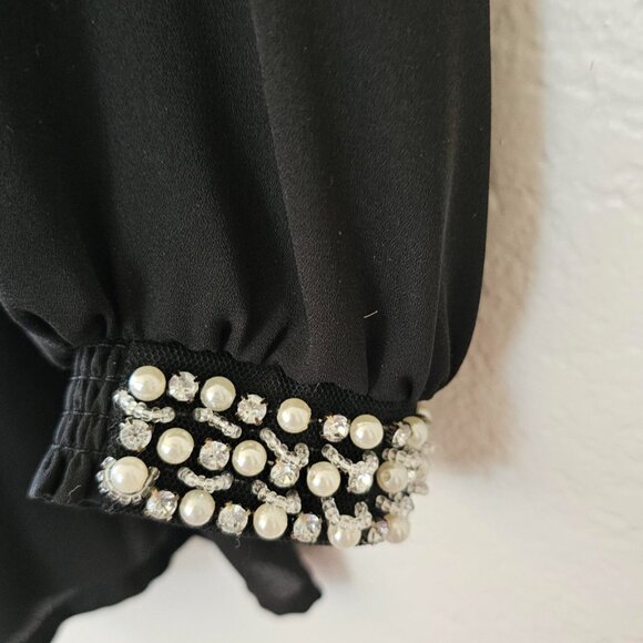 NY COLLECTION Women's Size M Black Blouse Pearls Rhinestone Cuffs Long Sleeves - Picture 5 of 7